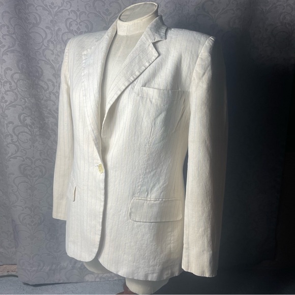 Louren Ralph Lauren Linen blend pinstripe one button Blazer in off-ivory Sz L - Picture 2 of 10